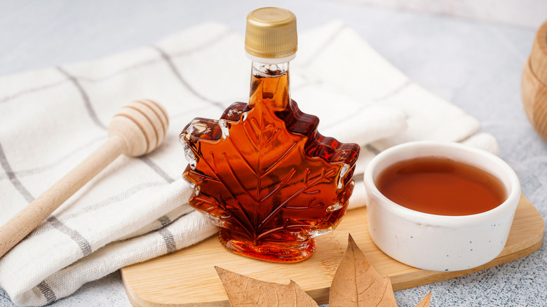 Maple leaf-shaped bottle of maple syrup