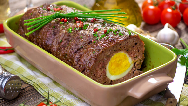 Meatloaf with hard-boiled egg in center