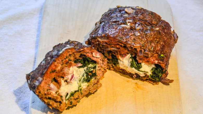 Meatloaf stuffed with spinach and cheese