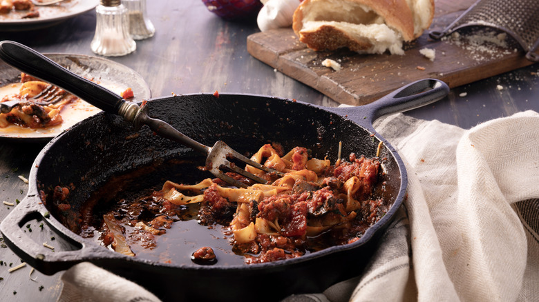 Leftover pasta in cast iron skillet