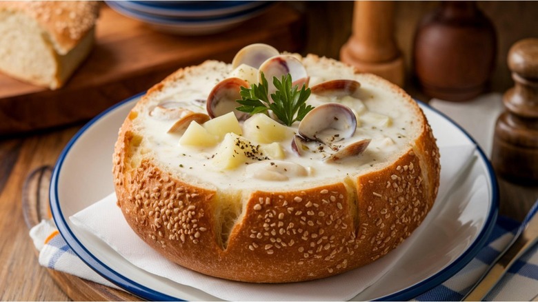 Clam chowder with clam shells and potatoes in bread bowl