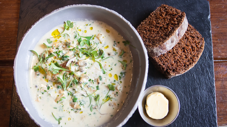 Irish seafood chowder with brown bread and butter