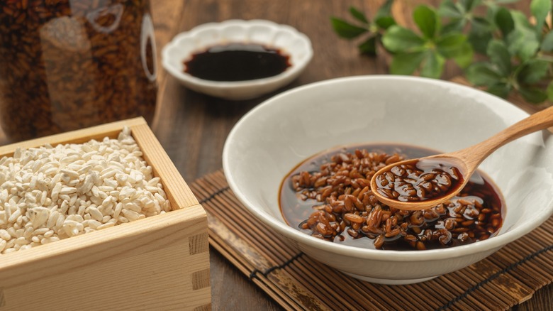 Soy sauce on rice in a bowl