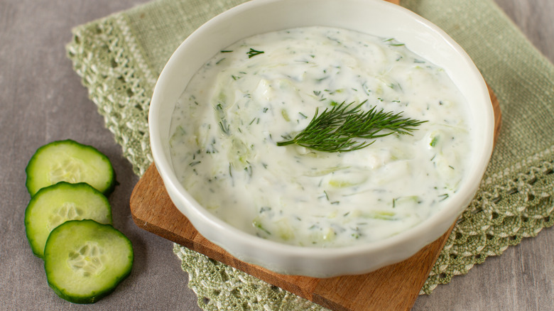 Tzatziki dip in a white bowl