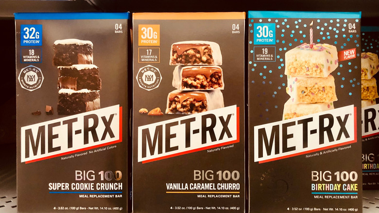 Boxes of Met-RX protein bars