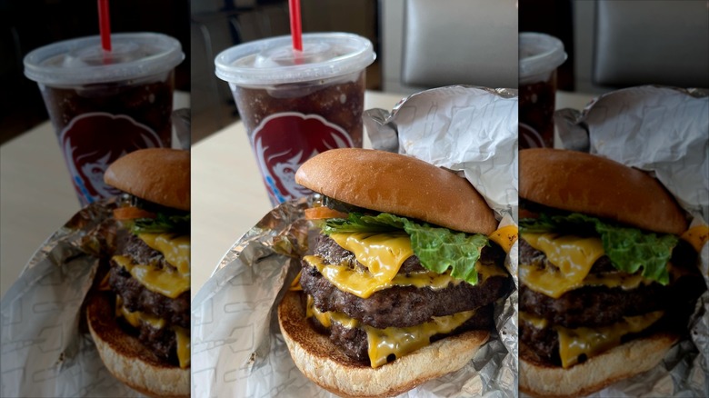 Wendy's Big Bacon Triple Classic Cheeseburger and drink