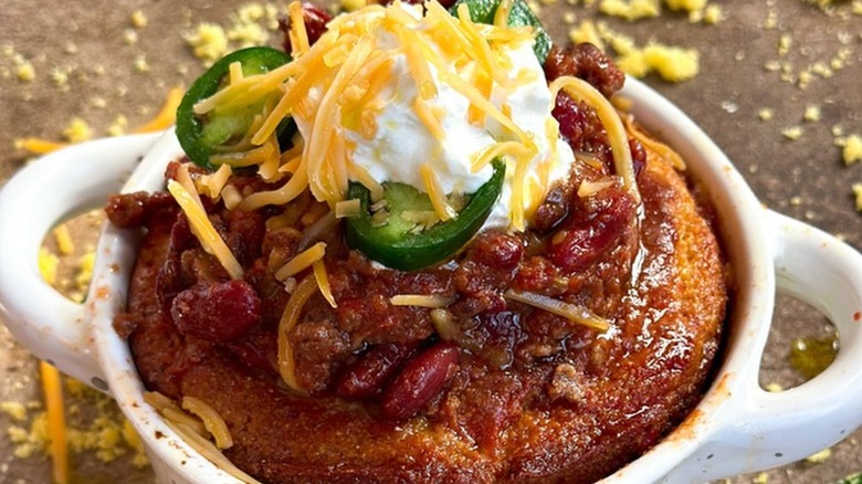 Chili in a cornbread bowl