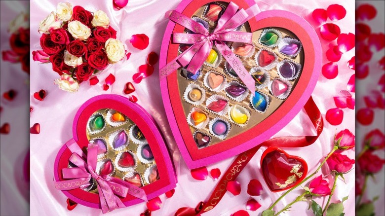 chocolates in red and pink heart-shaped boxes