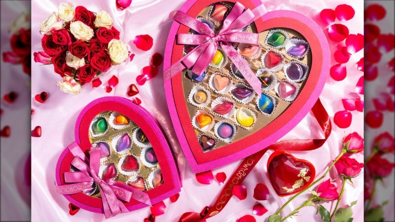 chocolates in red and pink heart-shaped boxes