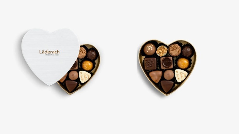 chocolates in a white cardboard box labelled "Läderach"