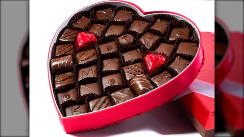 chocolates in a red heart-shaped box