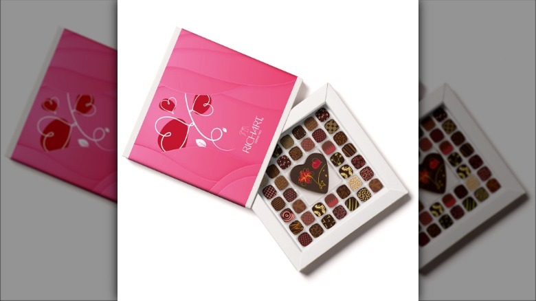 chocolates in a pink cardboard box labelled