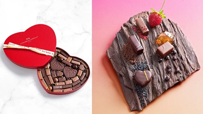 chocolates in a red cardboard heart-shaped box a with berries and blobs of jam