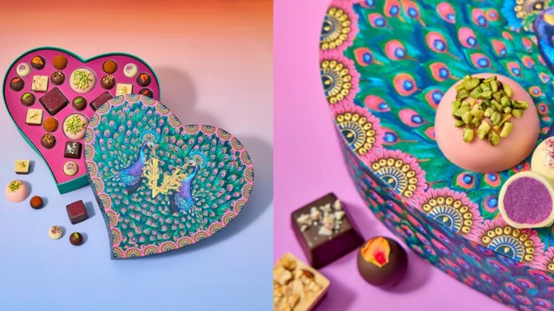 colorful chocolates in a peacock-patterned heart-shaped box