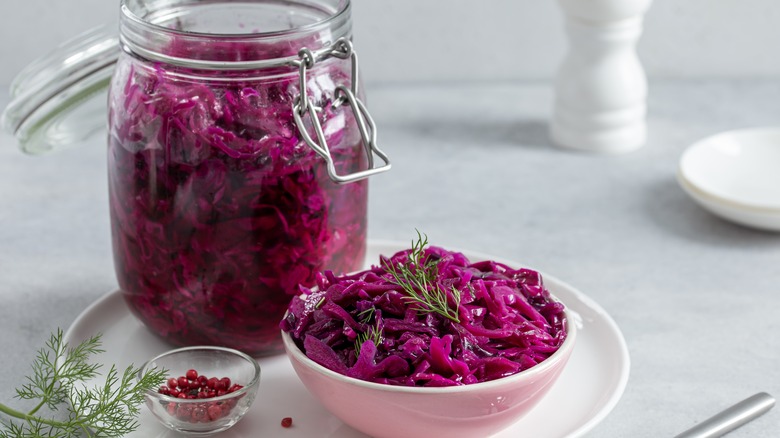 Jar of quick pickled red cabbage