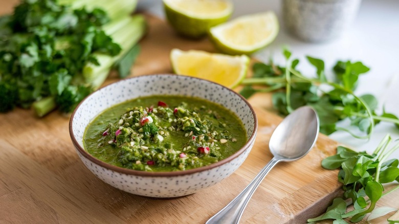 chimichurri on wooden board