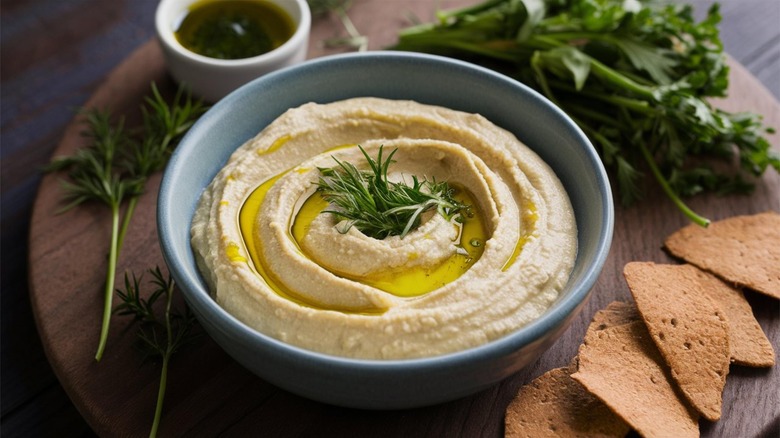 hummus in blue bowl