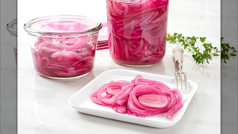 pickled red onion on plate