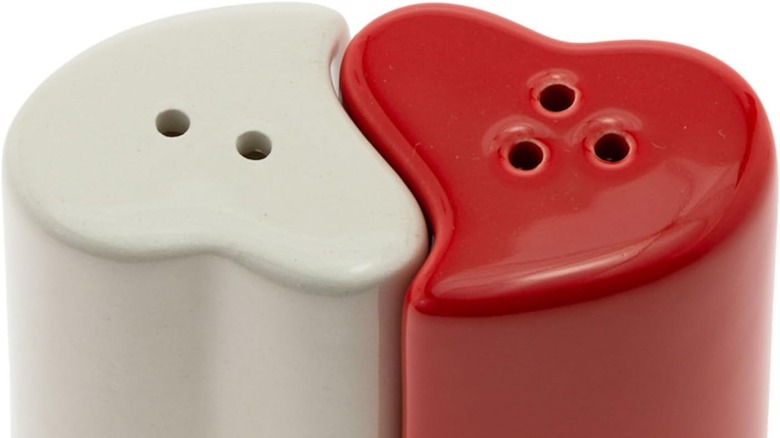 Red and white heart shaped salt and pepper shakers