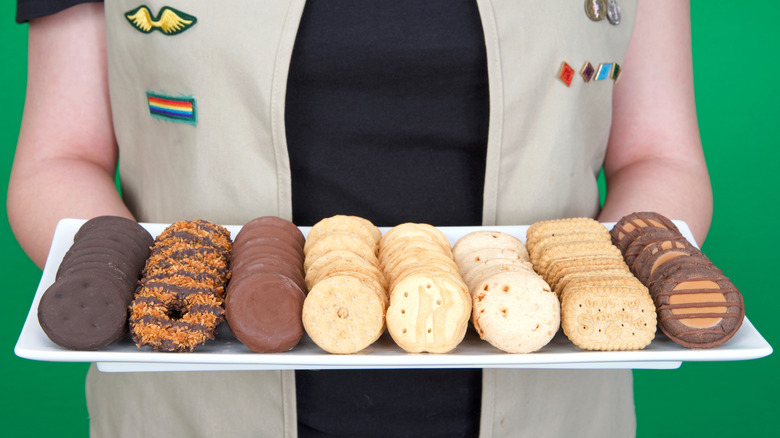 girl scout cookies on tray