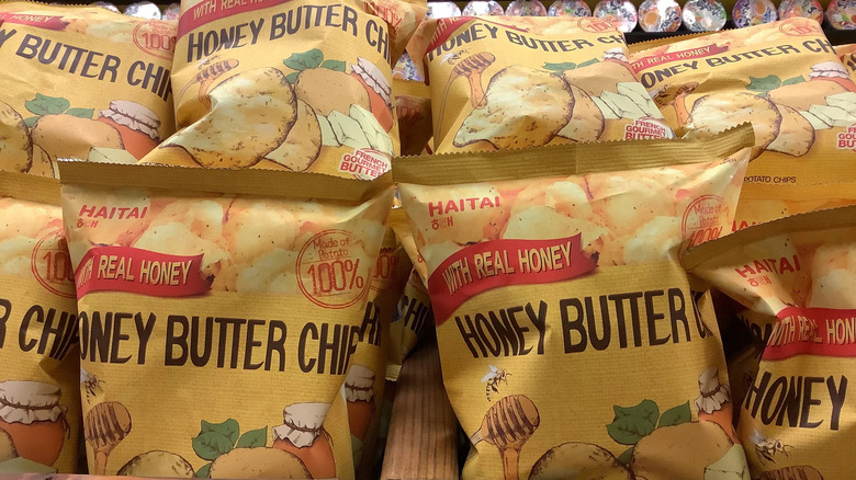 grouping of honey butter chips on shelf