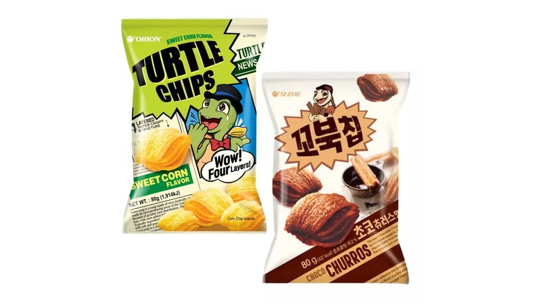 two bags of turtle chips on white background