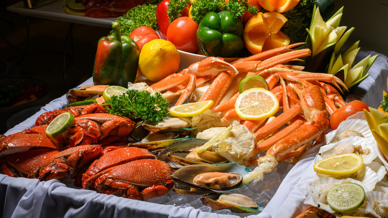 Seafood buffet with plenty of crab, oysters, and more