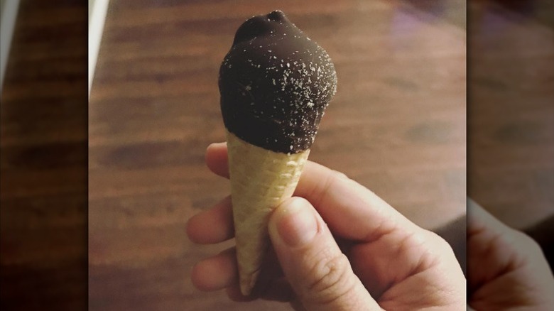 Hand holding Trader Joe's miniature ice cream cone