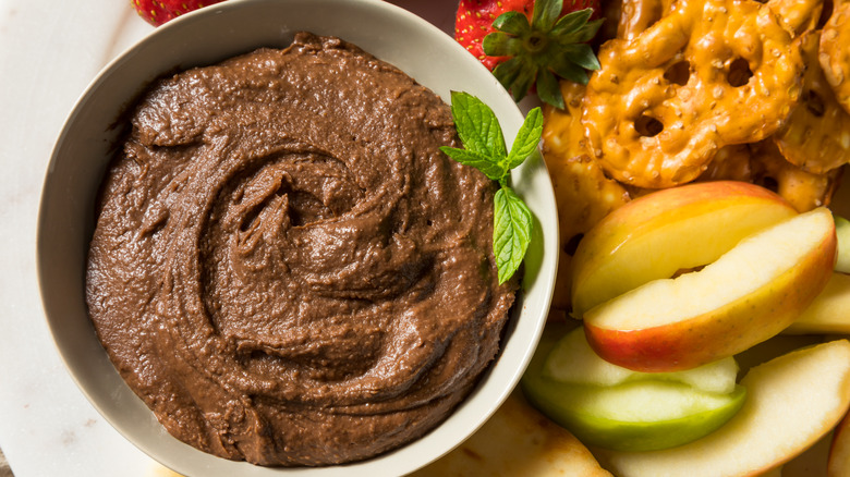 chocolate hummus with apples and strawberries