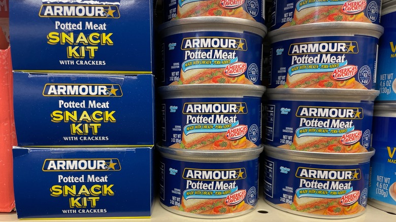 Stack of Armour potted meat cans in the grocery store