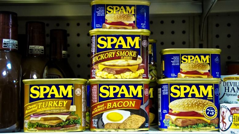 Cans of Spam in a grocery store