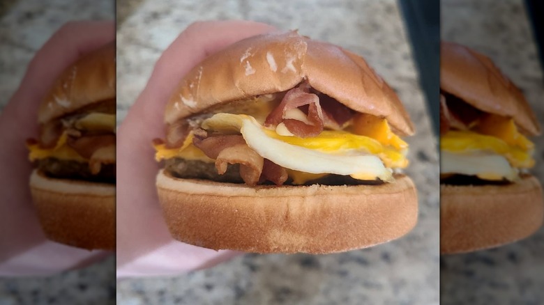 Person holding breakfast sandwich