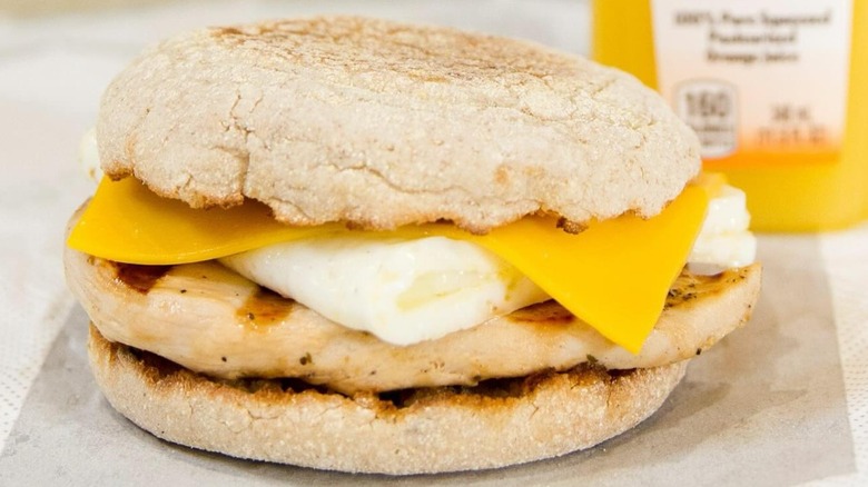 Chicken breakfast sandwich on English muffin