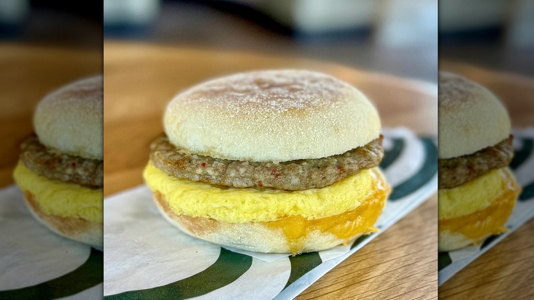 Sausage, egg, and cheese sandwich on table