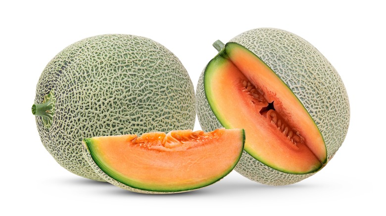 whole and cut cantaloupe