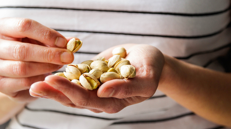 Hand holding bunch of pistachios