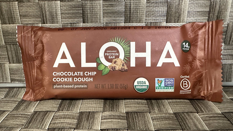 Aloha protein bar chocolate chip cookie dough flavor in wrapper