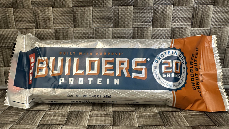 A Clif Builder protein bar shown in wrapper