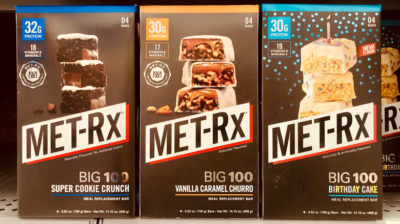 Boxes of Met-RX protein bars