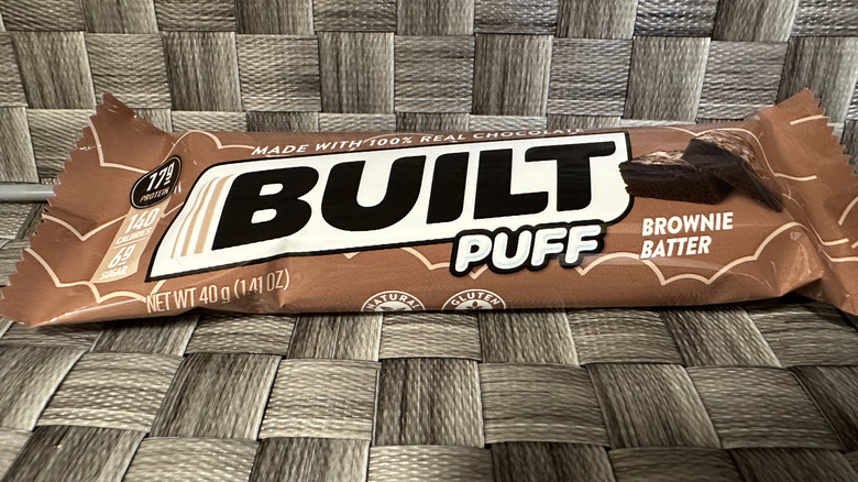 Built Puff protein brownie batter bar shown in wrapper