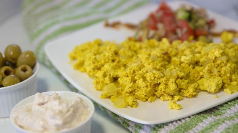 scrambled tofu on a white plate