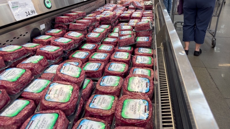 Packs of ground beef in a display at Costco