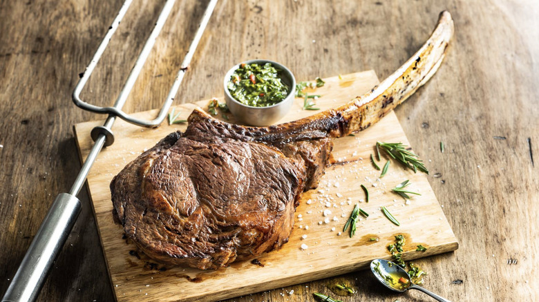 Fogo de Chão Tomahawk Ribeye on cutting board