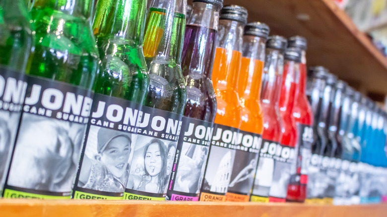 Bottles of Jones Soda on store shelf