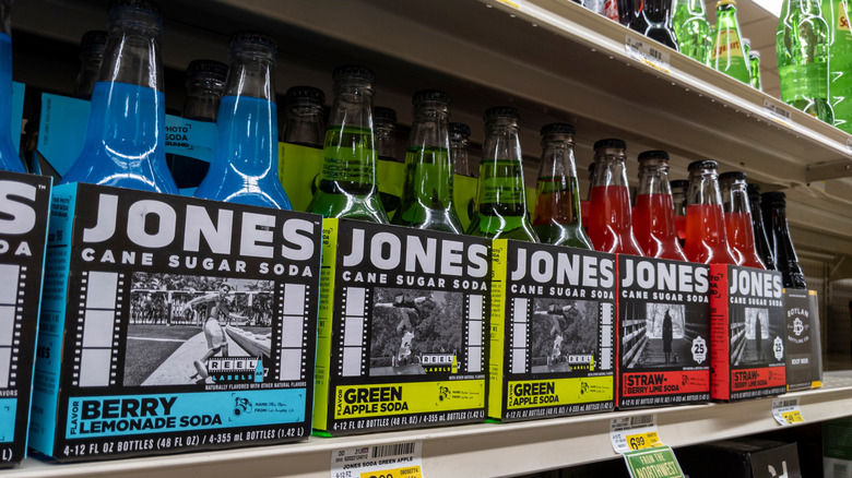 Packs of Jones Soda on store shelf