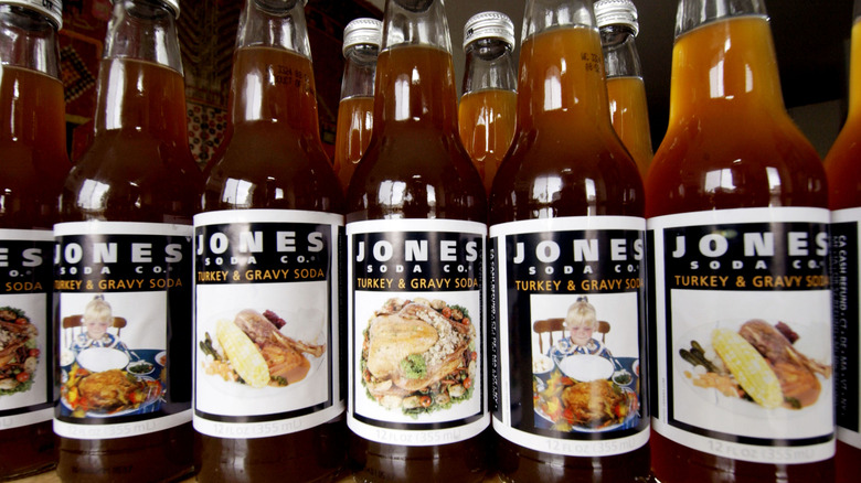 Bottles of Jones Soda turkey and gravy soda