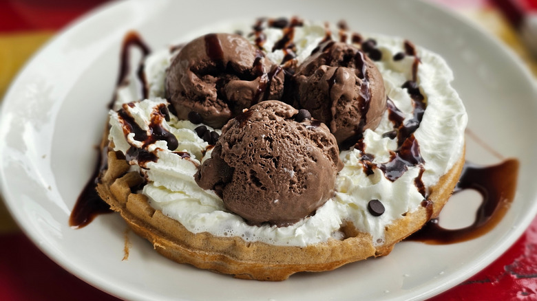 Waffle with chocolate ice cream, whipped cream, and chocolate sauce