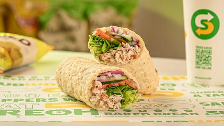 Chicken salad wrap on Subway paper