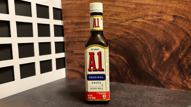 Bottle of A.1. Original Steak Sauce on grey counter