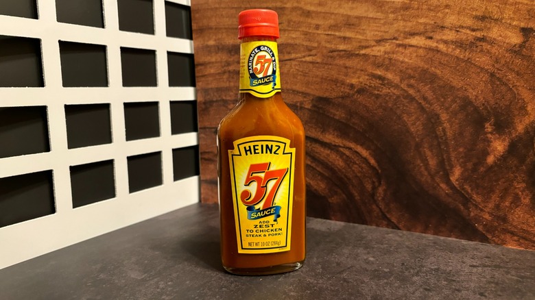 Bottle of Heinz 57 Steak Sauce on grey counter